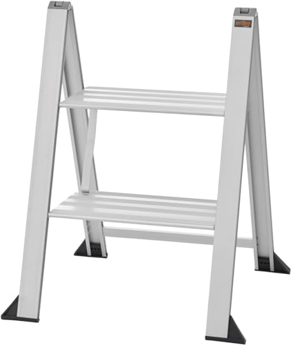 Alu Trittleiter Vikingstep Mini von W.Steps I 480mm hoch I Belastbar bis 150kg I Kompakte Aluminium Klapptrittleiter mit 2 Stufen I Nur 35mm breit I 728141 von WIBE Ladders