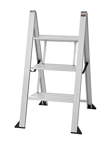 Alu Trittleiter Vikingstep Maxi von W.Steps I 720mm hoch I Belastbar bis 150kg I Kompakte Aluminium Klapptrittleiter mit 2 Stufen I Nur 35mm breit I 728143 von WIBE Ladders
