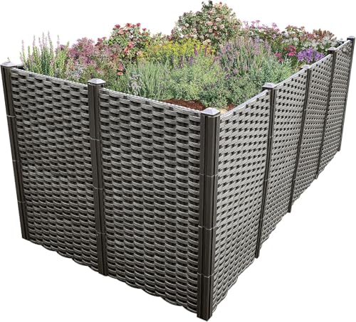 WIELS® Modulares Hochbeet für Garten, Rattan-Optik, 148 x 76 x 60 cm, Schwarz - Dunkelbraun, Pflanzbeet Frühbeet Gartenbeet Gemüsebeet Blumenbeet Kunststoff Plastik HDPE von WIELS