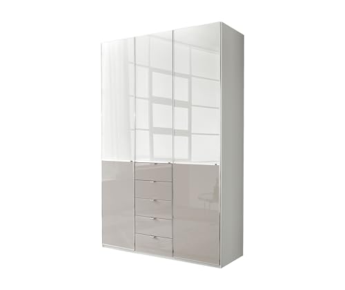 WIEMANN Drehtürenschrank mit 5 Schubkästen hochwertiger Kleiderschrank Schlafzimmerschrank 150cm breit, mit Schubladen, Glas Kieselgrau, Korpus Weiß, Höhe 236cm, Shanghai von WIEMANN