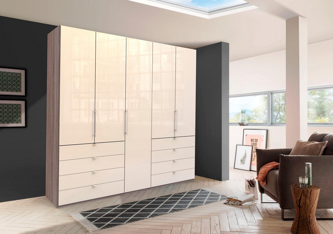 WIEMANN Falttürenschrank Loft, hochwertige Glasfront, Metallgriffe, viel Stauraum (3 Breiten: 200cm/250cm/300cm, Höhe: 236cm) Qualität trifft edles Design, 8 Schubkästen, 6 Türen von WIEMANN