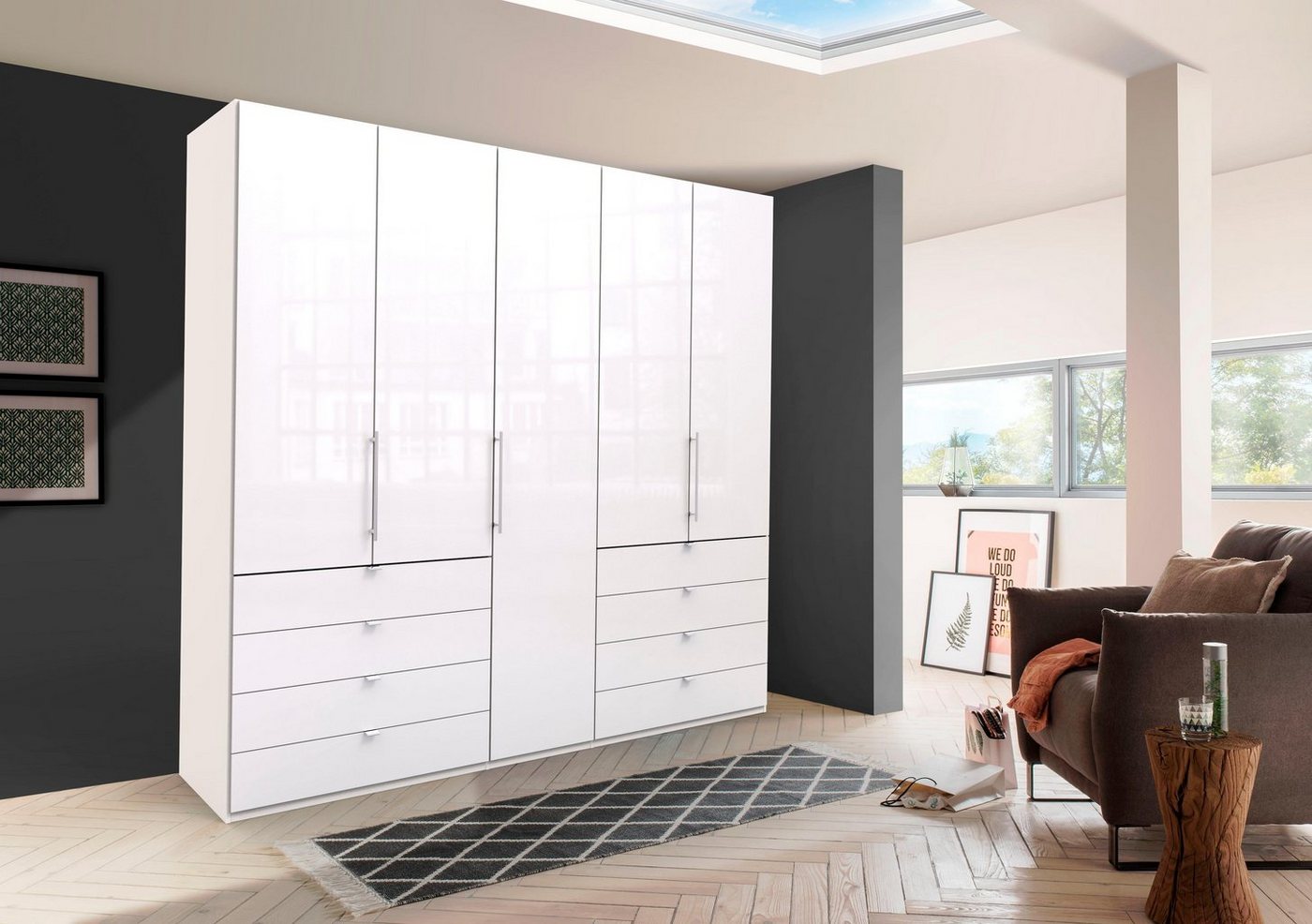 WIEMANN Falttürenschrank Loft, hochwertige Glasfront, Metallgriffe, viel Stauraum (3 Breiten: 200cm/250cm/300cm, Höhe: 236cm) Qualität trifft edles Design, 8 Schubkästen, 6 Türen von WIEMANN