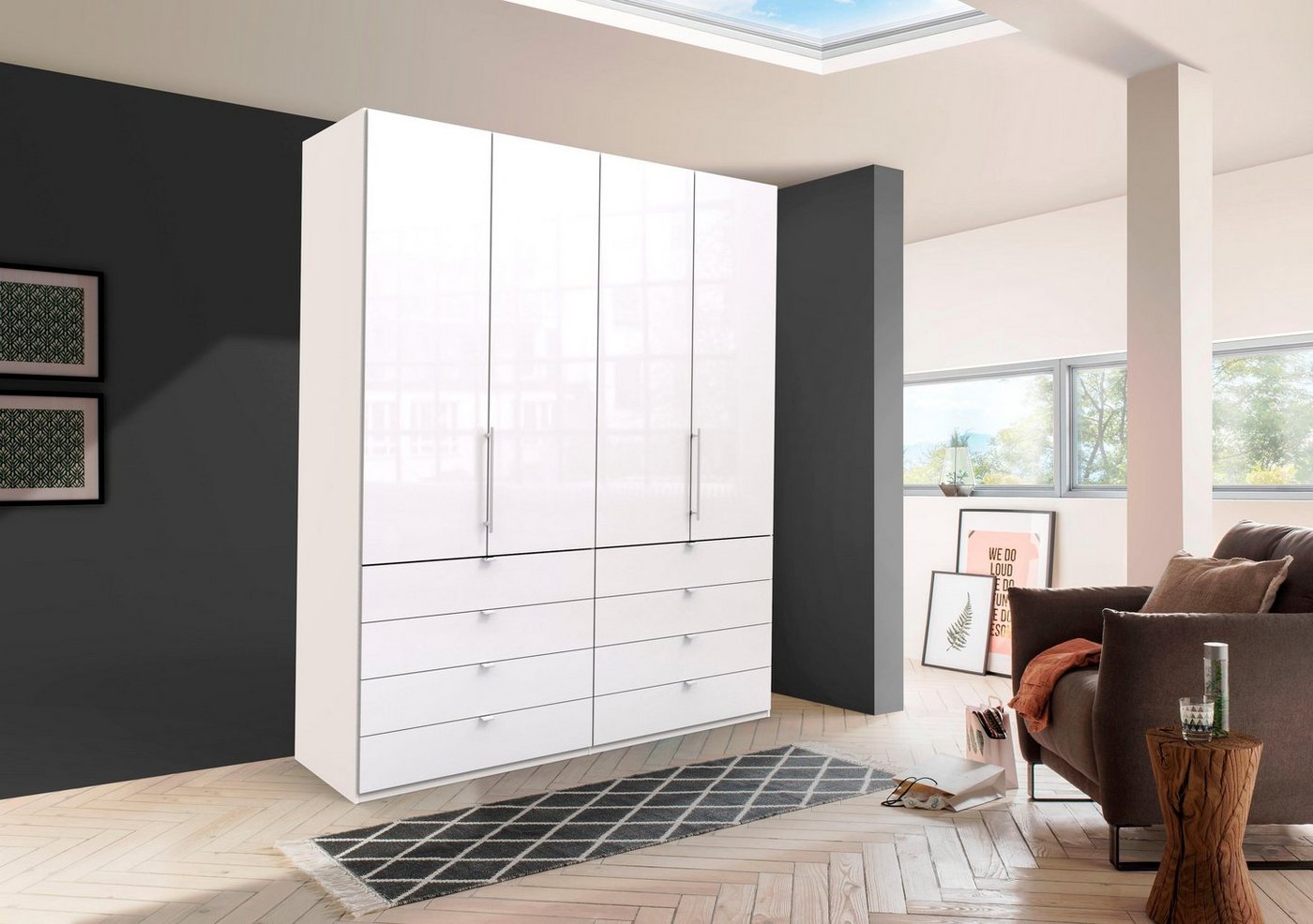 WIEMANN Falttürenschrank Loft, hochwertige Glasfront, Metallgriffe, viel Stauraum (3 Breiten: 200cm/250cm/300cm, Höhe: 236cm) Qualität trifft edles Design, 8 Schubkästen, 6 Türen von WIEMANN