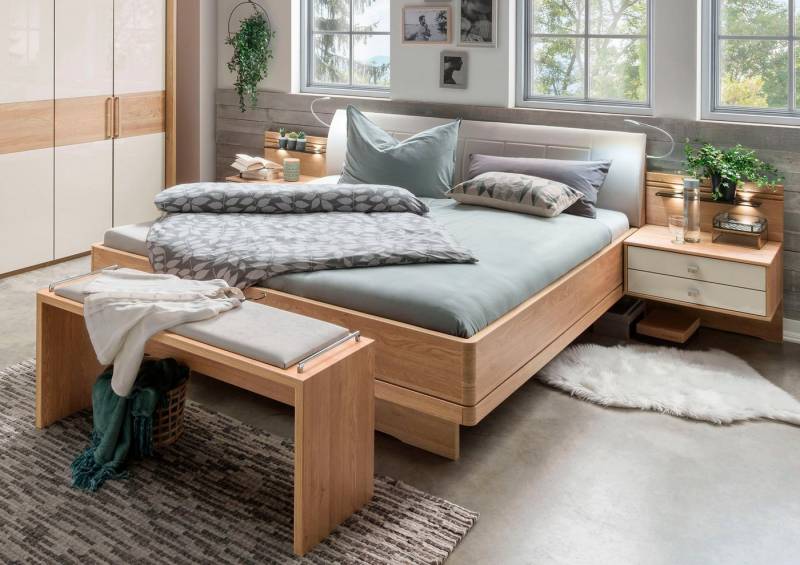 WIEMANN Bett Kiruna, Bettgestell, Bettrahmen, Eiche Nachbildung, Polsterkopfteil (4-fache Liegehöhenverstellung, MADE IN GERMANY), Polsterkopfteil aus Kunstleder, verschiedene Größen, in Komforthöhe von WIEMANN