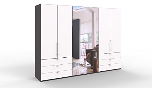 WIEMANN Loft Kleiderschrank, Schlafzimmerschrank, Gleittürenschrank, Drehtürenschrank, mit Spiegel, Schubladen, Glas weiß, Havanna, B/H/T 300 x 216 x 58 cm von WIEMANN