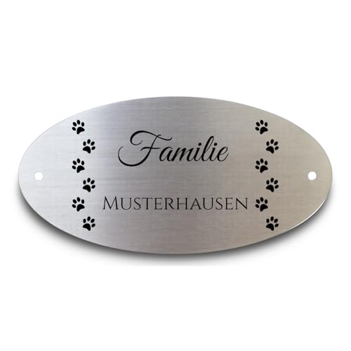 Türschild Oval Edelstahl 100mm / 150mm | Viele Motive Türschild Klingelschild Grabschild Wunschtext Personalisiert mit Gravur (Pfote 7) von WIENS3D