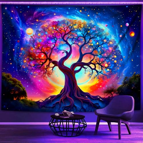 WIERAEM Schwarzlicht Wandteppich Wald Uv Psychedelic Wandtuch Natur Baum Des Lebens Sterne Galaxy Trippy WandtüCher SchöNe Bunt Fluoreszierende Tapestry Deko Mittelgroß 200x150cm von WIERAEM