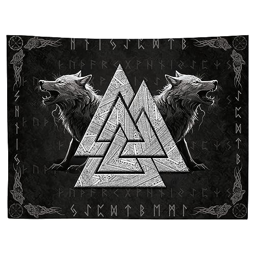 WIERAEM Wikinger Wandteppich, Wolf Totem Schwarz Weiß Meditation Runen Wandtuch, Nordische Mythologie Viking Wandteppich, für Schlafzimmer Wohnzimmer Wandbehang Deko (78.7inX59in) von WIERAEM