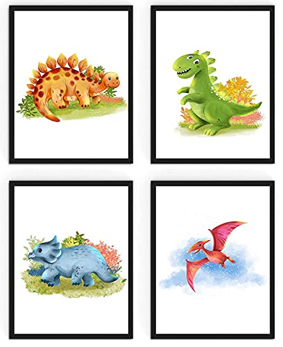 WIETRE® 4er Set Bilder Dinosaurier Kinderzimmer Babyzimmer Deko | Bild Junge Mädchen Poster DIN A4 | Dinos T-Rex Tiere (mit schwarzen Rahmen) von WIETRE