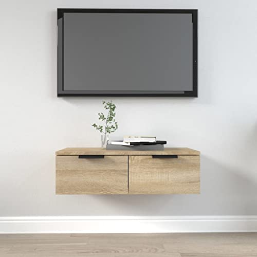 WIFESE 68x30x20 cm Wandschrank mit 2 Schubladen TV Schrank TV Board Hängend Hängeschrank Wohnzimmer Arbeitszimmer Lowboard Hängend Wandregal Wandschublade Schweberegal Sonoma Eiche Holzwerkstoff von WIFESE