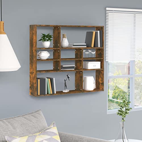 WIFESE 90x16x78 cm Wandregal Wandschrank Wohnzimmer Wandregale Hängeregal Regal Wand Schubladenregal Schwebend Regale Wandmontage Räuchereiche Holzwerkstoff mit 10 offenen Fächern von WIFESE