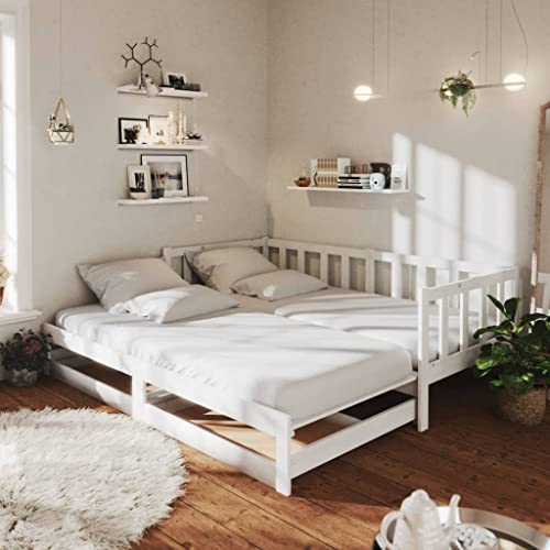 WIFESE Ausziehbares Tagesbett 2X(90x200) cm Weiß Massivholz Kiefer Massivholzbett mit 2 Bettschublade Jugendbett Sofabett Schlafsofa mit Lattenrost für Wohnzimmer Praktisch und Komfortabel von WIFESE