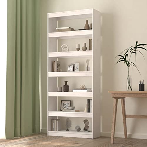 WIFESE Bücherregal Raumteiler 80x30x199,5 cm 6 Fächer Holzregal Standregal Aufbewahrungsregal Bookshelf Aktenregal Hochschrank Regal für Büro Wohnzimmer Arbeitszimmer Massivholz Kiefer Weiß von WIFESE