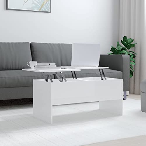 WIFESE Couchtisch Höhenverstellbar 102x50,5x46,5 cm Beistelltisch Holz Wohnzimmertisch Modern Stilvollen Design Kleiner Tisch Wohnzimmer Bürotisch Hochglanz Weiß Holzwerkstoff mit Verstecktes Fach von WIFESE