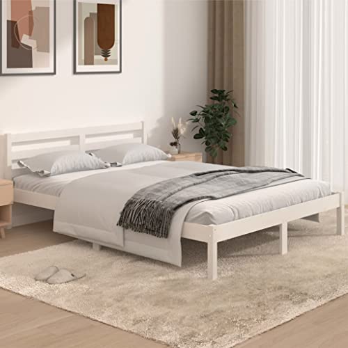 WIFESE Doppelbett Massivholzbett Kiefer 140x190 cm Weiß Jugendbett Bettgestell Betten Palettenbett Bettrahmen mit Komfortables Kopfteil Moderner Stil Langlebig Geeignet für Jedes Schlafzimmer von WIFESE