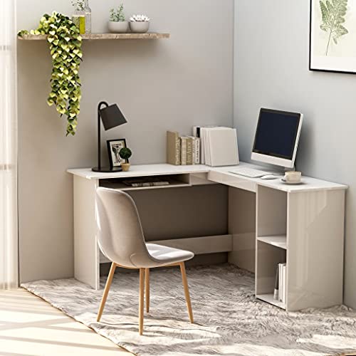 WIFESE Eckschreibtisch in L-Form Hochglanz-Weiß 120x140x75 cm Computertisch Bürotisch PC Tisch Homeoffice Schreibtisch Modern mit 1 verschiebbaren Tastaturbereich und 2 offenen Regalen für Zuhause von WIFESE