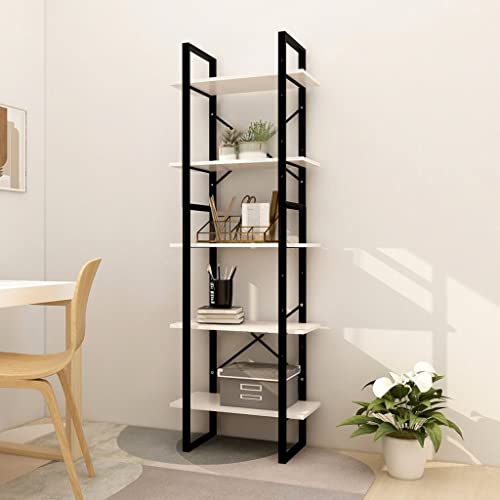 WIFESE Holz Bücherregal 5 Fächer 60x30x175 cm Holzregal Standregal Bookshelf Stufenregal Metallregal Regale Industrie Style Lagerregal Leiterregal Regal für Wohnzimmer Weiß Massivholz Kiefer von WIFESE