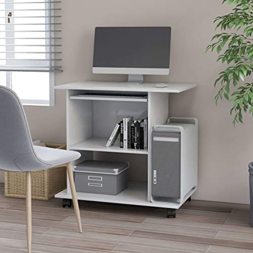 WIFESE Mobiler Schreibtisch Hochglanz-Weiß 80x50x75 cm Holzwerkstoff Computertisch Bürotisch mit 1 Verschiebbaren Tastaturbereich 1 Speziellen Regal für CPU-Tower und 2 Regalen Modernes Design von WIFESE