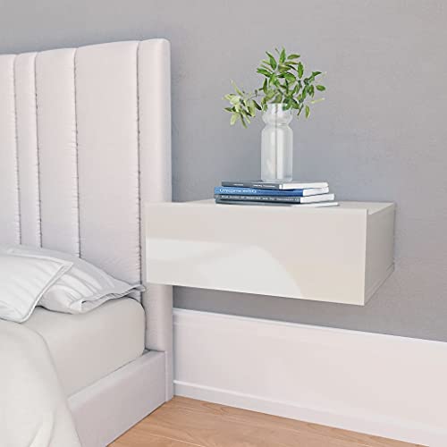 WIFESE Nachttische 2er Set 40x30x15 cm Nachttisch Hängend NachtkäStchen Wandregal Nachtkommode mit Integrierter Schublade Nachttisch Hochglanz Weiß Schubladenbox Holz Bedside Table Holzwerkstoff von WIFESE