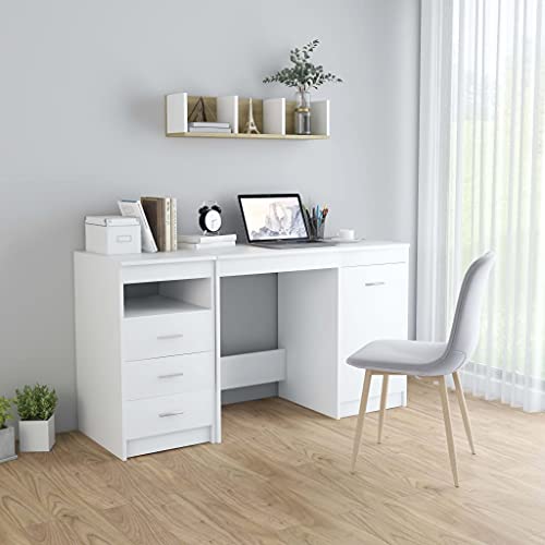 WIFESE Schreibtisch Weiß 140x50x76 cm Holzwerkstoff Computertisch Bürotisch PC Tisch Eckschreibtisch Homeoffice Schreibtisch Modern Mehrzwecktisch mit 3 Schubladen 1 Tür für Büros Zuhause Langlebig von WIFESE