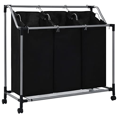 WIFESE Wäschekorb mit 3 Taschen Schwarz Stahl 96x40x73 cm Wäschetonne Wäschesammler Laundry Baskets Wäschekorb mit Rollen Wäschekorb Badezimmer Wäschebehälter für Schmutzwäsche Leicht Zu Bewegen von WIFESE