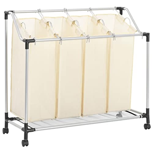 WIFESE Wäschekorb mit 4 Taschen Creme Stahl 96x40x73 cm Wäschetonne Wäschesammler Laundry Baskets Wäschekorb mit Rollen Wäschekorb Badezimmer Wäschebehälter für Schmutzwäsche Leicht Zu Bewegen von WIFESE