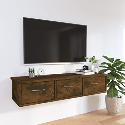 WIFESE Wandschrank 88x26x18,5 cm Wandregal Wohnzimmer Wandregale Hängeregal Regal Wand Schubladenregal Schwebend Regale Wandmontage Räuchereiche Holzwerkstoff mit 3 Schubladen von WIFESE