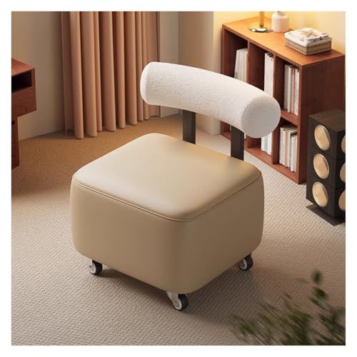 WIGSELBL Rollhocker aus Leder mit Rollen, tragbarer Schminkstuhl, Mini-Schuhhocker, bequemer, ergonomischer Rollstuhl mit Rückenlehne und dick gepolstertem Sitz (Khaki) von WIGSELBL
