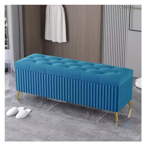 WIGSELBL Samt-Aufbewahrungsbank, gepolstert, getuftet, Ottomane, extra lange Aufbewahrungsbank mit goldenen Beinen, gepolsterte Sitzbank für Wohnzimmer (Farbe: Blau, Größe: 100 cm) von WIGSELBL
