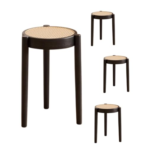 WIGSELBL Stapelbare Holzhocker, 4er-Set, Rattan, tragbare rückenfreie Schulstühle mit runder Oberseite, Stapelhocker, Kücheninsel, Barhocker für Esszimmer (4 Stück) von WIGSELBL