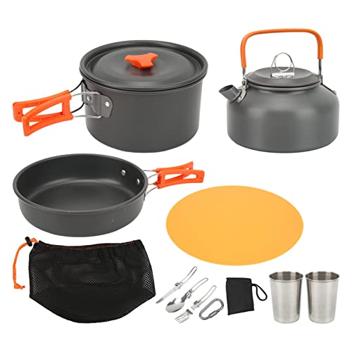 Camping Kochgeschirr Set, Leichtes Alutopfset mit Topf Pfanne Teekanne, Faltbares Besteck Schwarz - Hitzebeständig, Kompakt & Tragbar, Ideal für Rucksacktouren und Outdoor (Typ 1) von WIHFHGZ
