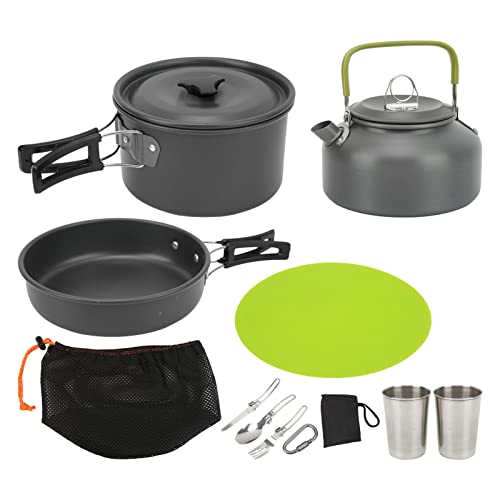 Camping Kochgeschirr Set, Leichtes Alutopfset mit Topf Pfanne Teekanne, Faltbares Besteck Schwarz - Hitzebeständig, Kompakt & Tragbar, Ideal für Rucksacktouren und Outdoor (Typ 3) von WIHFHGZ
