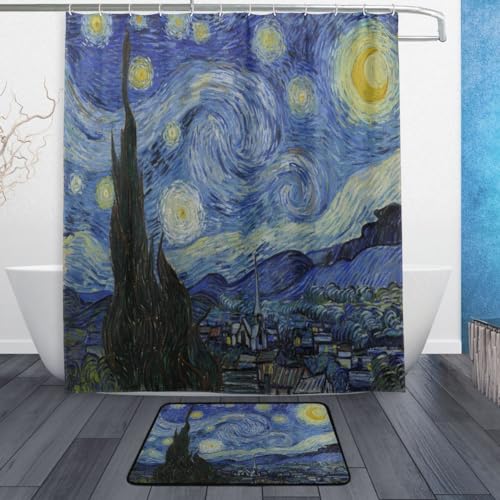 Duschvorhang-Sets mit Teppich Van Gogh Sternennacht Badematte und Badezimmer-Duschvorhang 183 x 183 cm mit 12 Haken von WIHVE