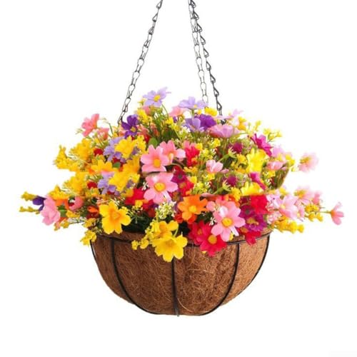 Grüne und bunte Blüten in einem klassischen Rattan-Hängekorb-Design (D) von WIIYENA