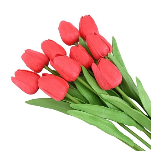Künstliche Tulpen, Blumen-Set, 10 Stück, für Hochzeit, Zuhause, Wohnzimmer, Dekoration, Blumenarrangement mit langer Haltbarkeit (33 cm groß, rot) von WIIYENA