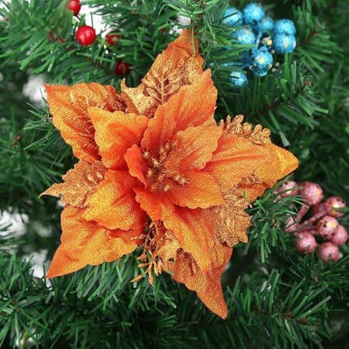 WIIYENA 5 Stück 18 cm Glitzer künstliche Weihnachtsblumen Weihnachtsbaumschmuck Frohe Weihnachten Dekorationen für Zuhause Neujahr Dekor Navidad, Orange von WIIYENA
