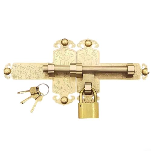 WIIYENA Vintage Messing-Türriegel, Sicherheitsschloss-Set mit Lotus-Muster, Doppelbolzen-Design, komplett mit 3 Schlüsseln und Befestigungsmaterial für Gartentore (Messing) von WIIYENA