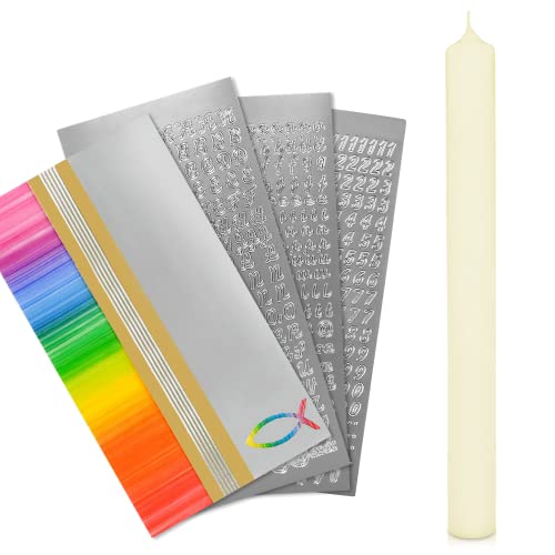 WIKAKERZEN Kerzen-Rohling Set für Taufe Hochzeit Kommunion selbst gestalten mit Buchstaben zum Kleben Wachsmotiven Wachplatten Wachsstreifen (Regenbogen Gold | Silber mit Fisch Kerze 40x4cm | Creme) von WIKAKERZEN