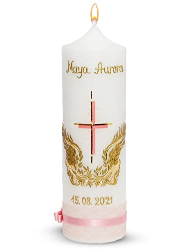 WikaKerzen Taufkerze Mädchen Jungen personalisiert mit Engelsflügel und Kreuz Motiv individuell handverziert als Geschenk zur Taufe & Kommunion | Jetz Farbe und Größe wählen (Engelsflügel, Rosa-Gold) von WIKAKERZEN