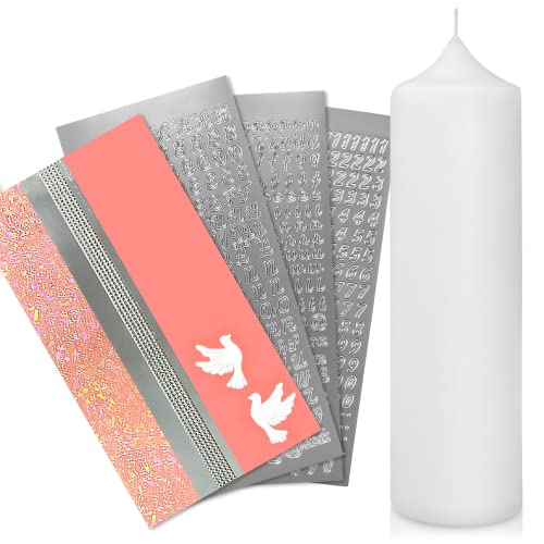 WIKAKERZEN Taufkerze selber Machen Set mit Kerzen-Rohling Buchstaben und Wachsplatten mit Wachsmotiven | Jetzt Größe und Farben Wählen (Kerze 25x7 cm | Weiss, Rosa mit Taube) von WIKAKERZEN