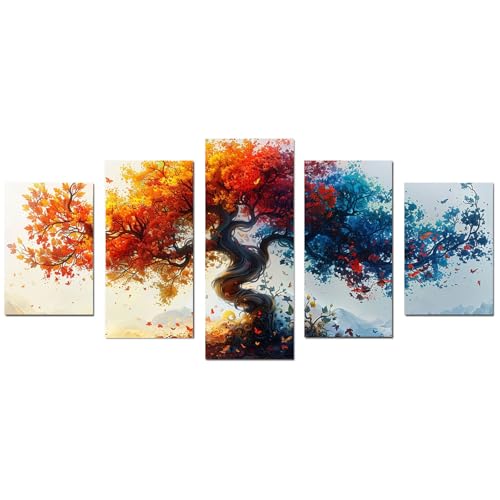 WIKEO 5 Stück Baum des Lebens Leinwand Bilder Graffiti Farbiger Baum Groß Wanddeko Wohnzimmer Deko Zimmer Wandbilder Modern Schlafzimmer Poster & Kunstdrucke(Rot 99)-80x150cm Ungerahmt von WIKEO
