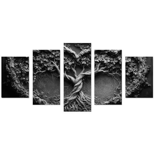 WIKEO 5 Stück Baum des Lebens Leinwand Bilder Schwarz-Weiß-Waldbäume Groß Wanddeko Wohnzimmer Deko Zimmer Wandbilder Modern Schlafzimmer Poster & Kunstdrucke(Schwarz 79)-50x100cm Ungerahmt von WIKEO
