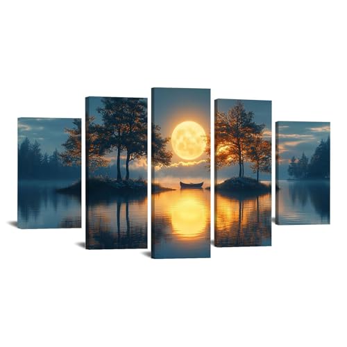 WIKEO 5 Stück Baum des Lebens Leinwand Bilder Seebäume bei Nacht Groß Wanddeko Wohnzimmer Deko Zimmer Wandbilder Modern Schlafzimmer Poster & Kunstdrucke(Gelb 9)-60x125cm Gerahmt von WIKEO