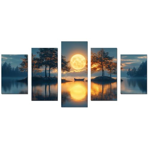 WIKEO 5 Stück Baum des Lebens Leinwand Bilder Seebäume bei Nacht Groß Wanddeko Wohnzimmer Deko Zimmer Wandbilder Modern Schlafzimmer Poster & Kunstdrucke(Gelb 9)-60x125cm Ungerahmt von WIKEO