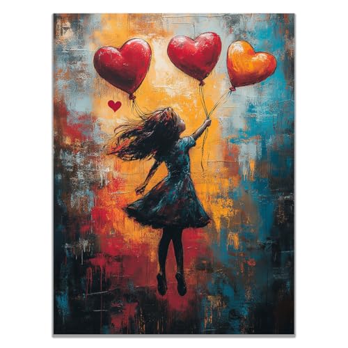 WIKEO Banksy Bilder Leinwand Poster Gemälde Canvas, Buntes Ballonmädchen Abstrakte Graffiti Street Kunstdruck,Wandbilder Drucke Wohnzimmer Deko - 50x70cm Ungerahmt(rot) von WIKEO