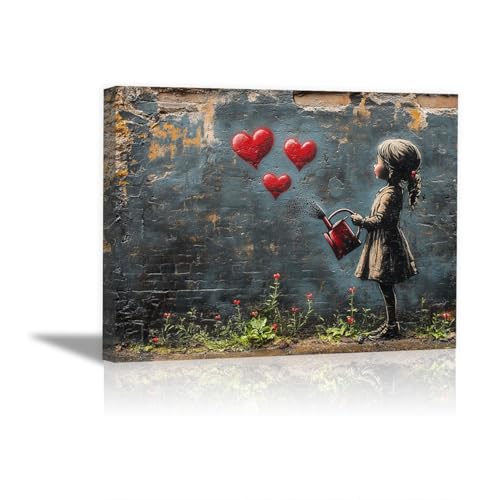 WIKEO Banksy Moderne Bilder, Abstraktes Mädchen Bewässern Wohnzimmer Pop Art Wandbilder Posters & Prints KüChenbilder,Leinwand Bilder Schlafzimmer - 30x40cm Gerahmt(schwarz) von WIKEO
