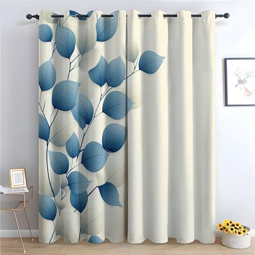 WIKEO Blumen Vorhänge Blickdicht 2er Set Natürliche, einfache Pflanzenblätter Modern Gardinen Ösen Abdunkelnde Vorhänge Wohnzimmer Schlafzimmer, Thermovorhang-H230 x B160 cm (2er Pack) von WIKEO
