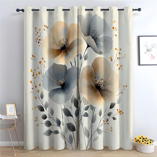 WIKEO Blumen Vorhänge Blickdicht 2er Set Natürliche Vintage-Blumen Modern Gardinen Ösen Abdunkelnde Vorhänge Wohnzimmer Schlafzimmer, Thermovorhang-H230 x B160 cm (2er Pack) von WIKEO