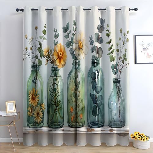 WIKEO Blumen Vorhänge Blickdicht 2er Set Natürliches grünes Blattmuster Modern Gardinen Ösen Abdunkelnde Vorhänge Wohnzimmer Schlafzimmer, Thermovorhang-H140 x B110 cm (2er Pack) von WIKEO