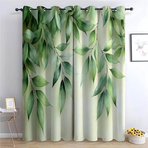 WIKEO Blumen Vorhänge Blickdicht 2er Set Natur Pflanze Grüne Blätter Modern Gardinen Ösen Abdunkelnde Vorhänge Wohnzimmer Schlafzimmer, Thermovorhang-H140 x B110 cm (2er Pack) von WIKEO